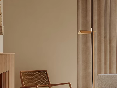 Wooden Accent Chair In Beige Living Room With Floor Lamp And Curtains 3d model
