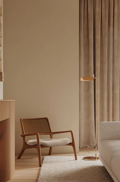 Wooden Accent Chair In Beige Living Room With Floor Lamp And Curtains 3d model