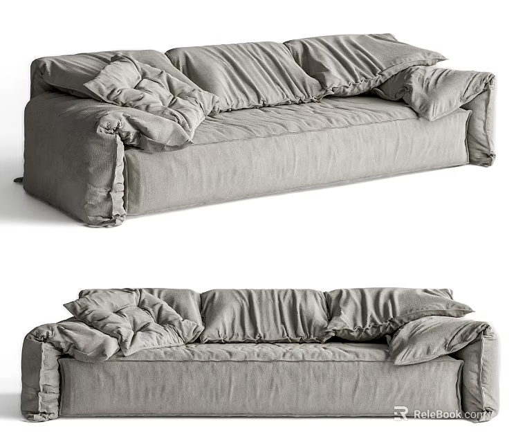 Gray Fabric Multi Person Sofa With Wrinkled Design And Comfortable Cushions 3d model 