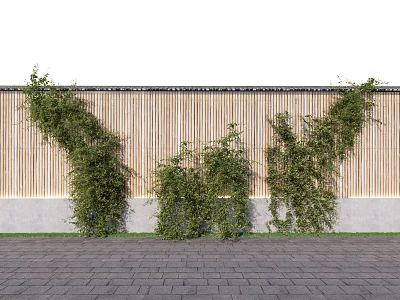 Lush Climbing Vines Against Natural Bamboo Fence With Stone Paved Ground 3d model