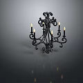 Vintage Black Iron Chandelier With Intricate Scroll Design And Candle Lights
