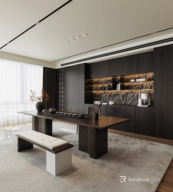 Modern Tea Room With Dark Wood Furniture And Tea Sets 3d model 