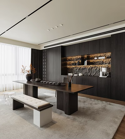 Modern Tea Room With Dark Wood Furniture And Tea Sets 3d model
