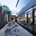Modern Garden With Water Feature Stone Path Circular Decor Greenery And Lighting 3d model