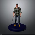 Man in Plaid Shirt Jeans and Yellow Boots Holding Knife Standing on Blue Base