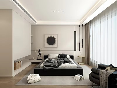 Modern Bedroom Interior With Black Bed Circular Wall Art Window Curtains Wooden Floor And Armchair 3d model