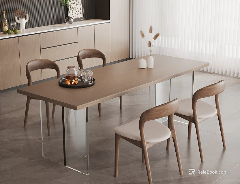 Modern Dining Table Set With Transparent Legs Four Chairs Light Upholstered Seats Kitchen Decorative Elements 3d model