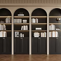 Dark Arched Bookcases With Built In Lighting Multiple Shelves Cabinet Doors And Books