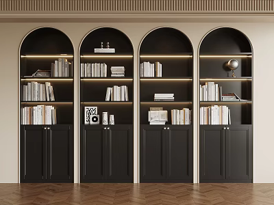 Dark Arched Bookcases With Built In Lighting Multiple Shelves Cabinet Doors And Books 3d model