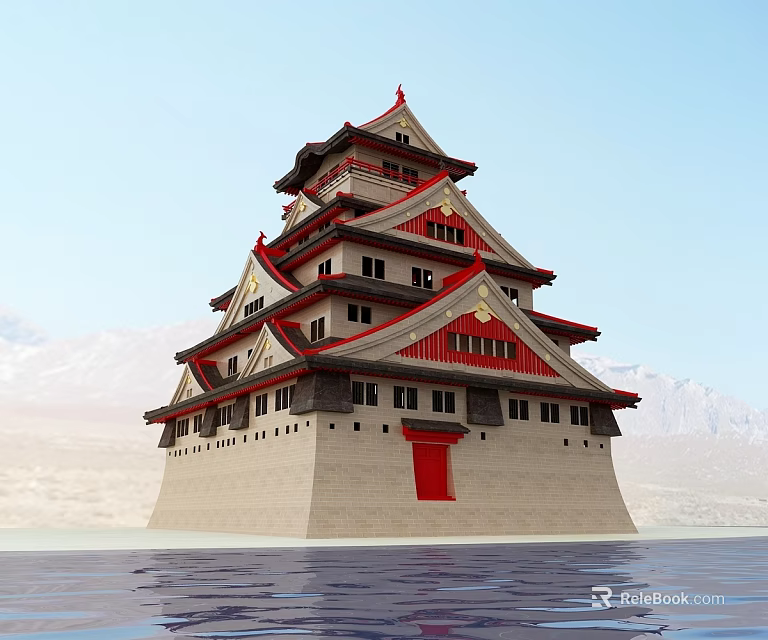 Ancient Multi story Architecture With Red Roofs White Walls Red Door And Mountain Water Background 3d model 