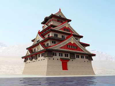 Ancient Multi story Architecture With Red Roofs White Walls Red Door And Mountain Water Background 3d model