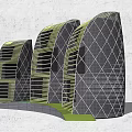 Modern Office Buildings With Curved Exterior Geometric Patterns And Green Lawn Water Feature