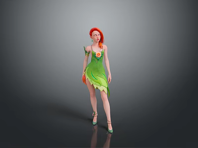 Enchanting Game Movie Character With Red Hair Green Leaf Dress And Flower Decoration 3d model