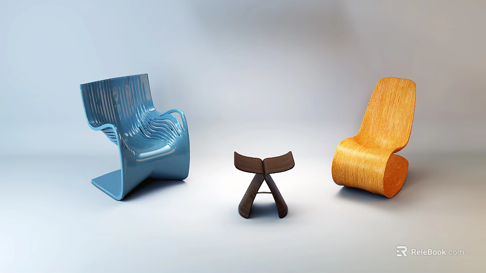 Modern Stylish Single Chairs Featuring Blue Orange Brown Tones And Curved Designs 3d model 