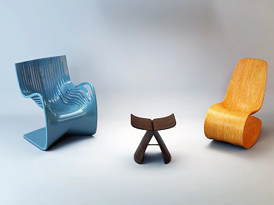 Modern Stylish Single Chairs Featuring Blue Orange Brown Tones And Curved Designs 3d model
