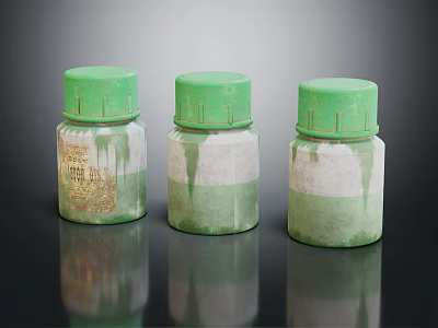 Three Glass Bottles With Green Caps And Stained Labels On Black Reflective Surface 3d model