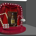 Red Stage Display With Lighted Curtain Liquor Bottle Number 60 And White Feather Decoration