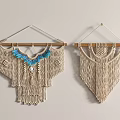 Bohemian Macramé Wall Hangings with Wooden Dowel Blue Accents and Natural Tassels