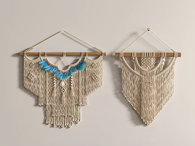 Bohemian Macramé Wall Hangings with Wooden Dowel Blue Accents and Natural Tassels 3d model