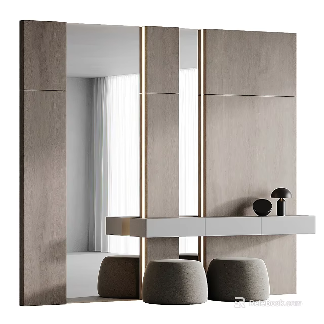 Modern Minimalist Dressing Table With Large Mirror And Smooth Wooden Surface And Stools 3d model