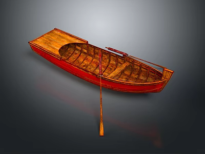 Red Wooden Boat With Classic Design And Wooden Paddle On Gray Background 3d model
