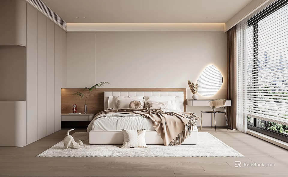 Modern Bedroom Interior Design With Large Bed Headboard Rug Plant And Window Blinds 3d model 