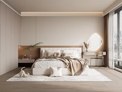 Modern Bedroom Interior Design With Large Bed Headboard Rug Plant And Window Blinds 3d model