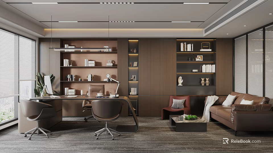 Modern Office Interior With Wooden Shelves Desk Office Chairs Sofa Books And Decorations 3d model 