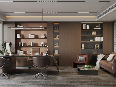 Modern Office Interior With Wooden Shelves Desk Office Chairs Sofa Books And Decorations 3d model