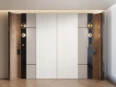 Modern Entrance Design With Wooden Panels Metal Mesh And Wall Lamps 3d model