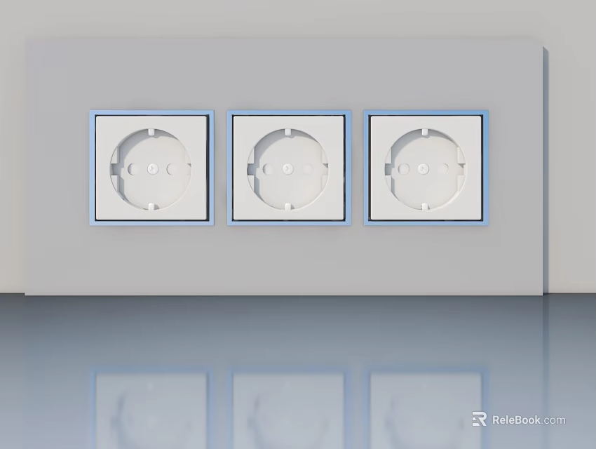 White Electrical Sockets With Blue Borders Installed On Gray Wall And Reflective Surface 3d model