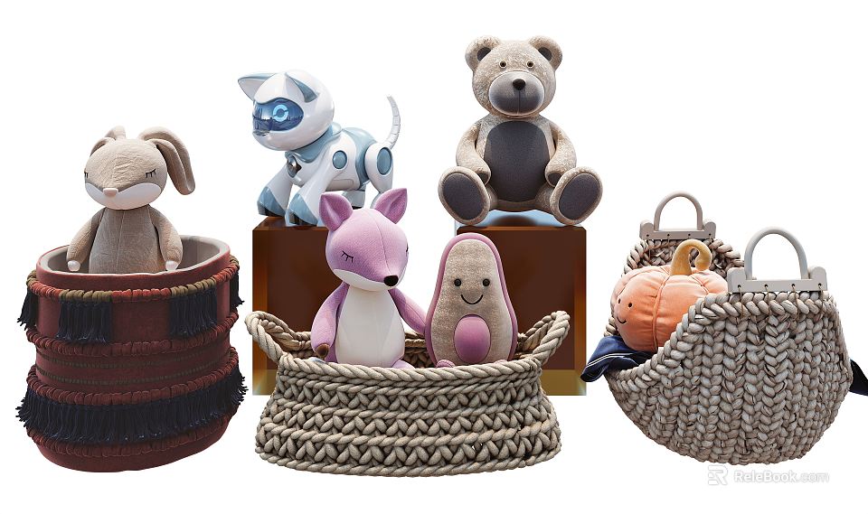 Cute Stuffed Bunny Cat Bear Fox And Avocado Toys In Baskets Barrel And Box 3d model 