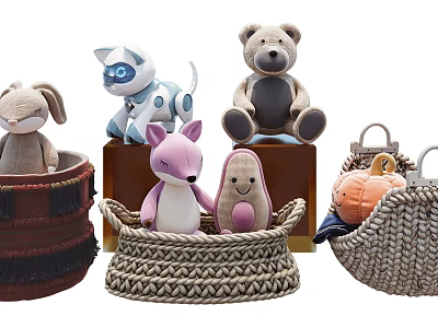 Cute Stuffed Bunny Cat Bear Fox And Avocado Toys In Baskets Barrel And Box 3d model