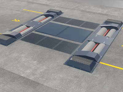 Floor Mounted Industrial Equipment Featuring Metal Rollers Grilles Blue Panels And Yellow Markings 3d model