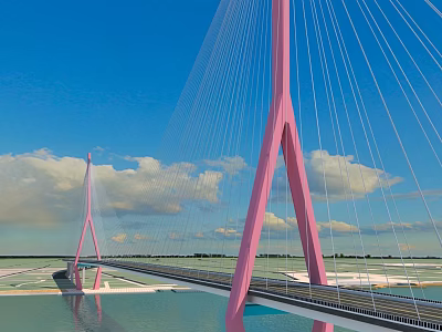Pink Cable Stayed Bridge Over Water With Blue Sky And White Clouds 3d model