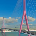 Pink Cable Stayed Bridge Over Water With Blue Sky And White Clouds 3d model
