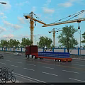 Functional Truck Driving On Urban Road Near Construction Site With Cranes Trees And Bicycles
