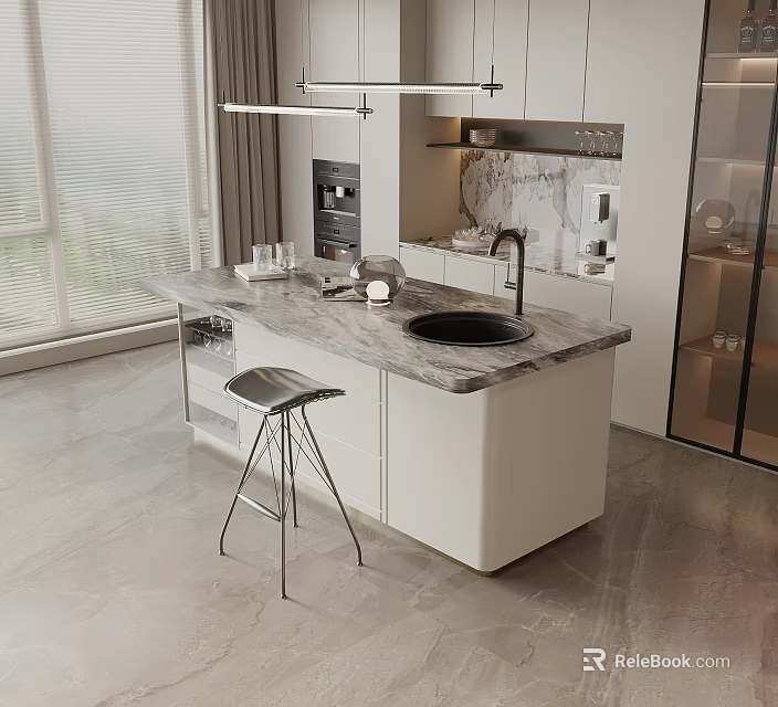 Modern Kitchen Bar Counter With Marble Countertop White Cabinets Stool Sink And Natural Light 3d model 
