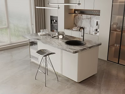 Modern Kitchen Bar Counter With Marble Countertop White Cabinets Stool Sink And Natural Light 3d model