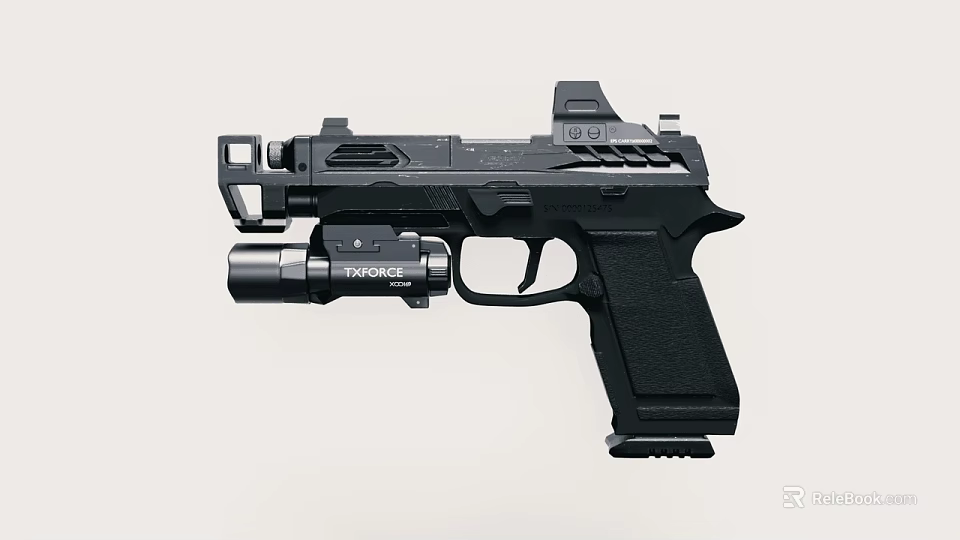 Black Tactical Handgun Weapon With Mounted Flashlight Rail And Grip Accessories 3d model 