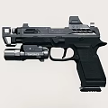 Black Tactical Handgun Weapon With Mounted Flashlight Rail And Grip Accessories