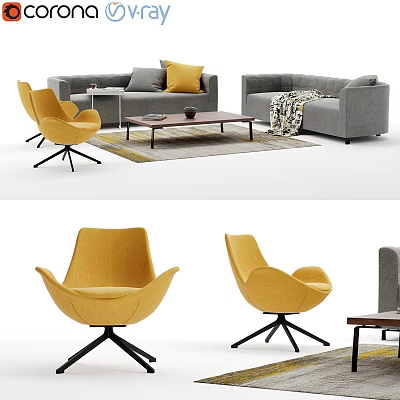 Gray Two Seater Sofa Living Room Setup With Yellow Chairs Coffee Table And Rug 3d model