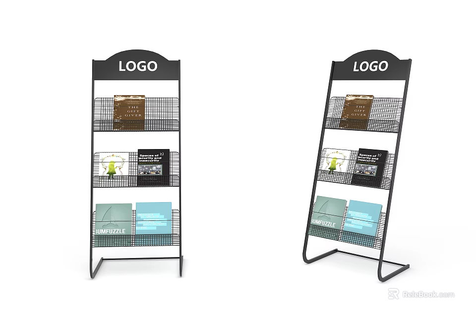 Black Metal Display Racks With Logo Top And Grid Shelves For Book Storage 3d model 