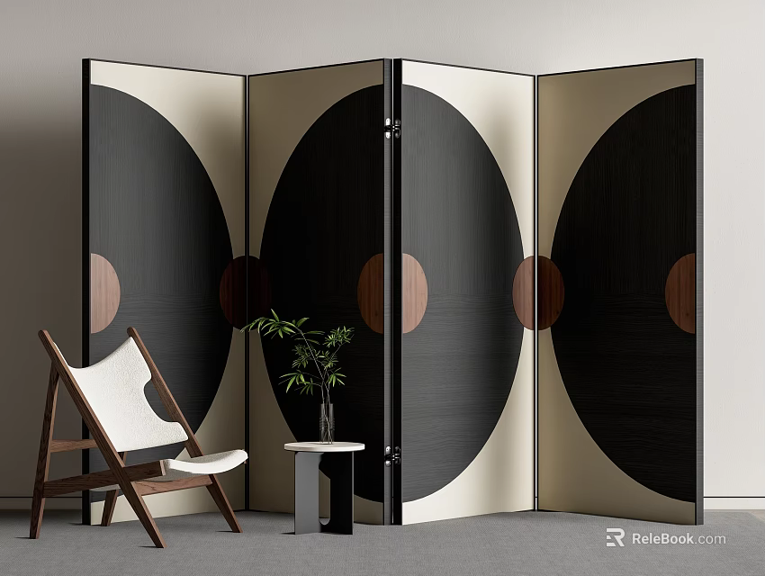 Modern Room Divider Screen With Black Beige Circular Patterns And Lounge Chair Plant 3d model 