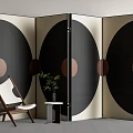 Modern Room Divider Screen With Black Beige Circular Patterns And Lounge Chair Plant