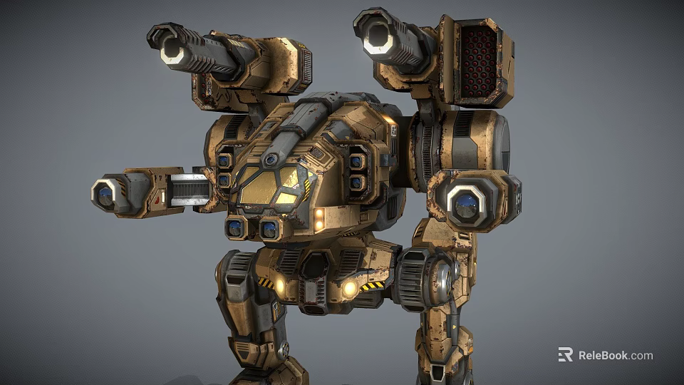 Heavy Duty Armored Mechanical Weapon With Humanoid Design Multiple Cannons And Glowing Parts 3d model 