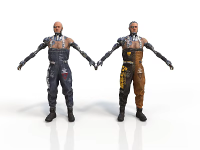Two Futuristic Cybernetic Characters In Mechanical Work Overalls Standing Together 3d model
