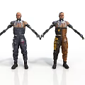 Two Futuristic Cybernetic Characters In Mechanical Work Overalls Standing Together