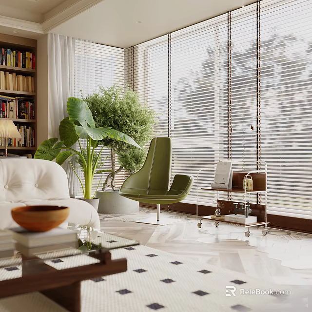 Modern Living Room Sofa Coffee Table Set With White Sofa Green Chair And Large Plant 3d model 