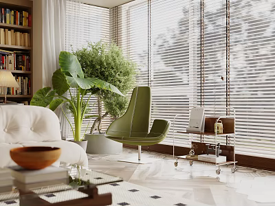 Modern Living Room Sofa Coffee Table Set With White Sofa Green Chair And Large Plant 3d model